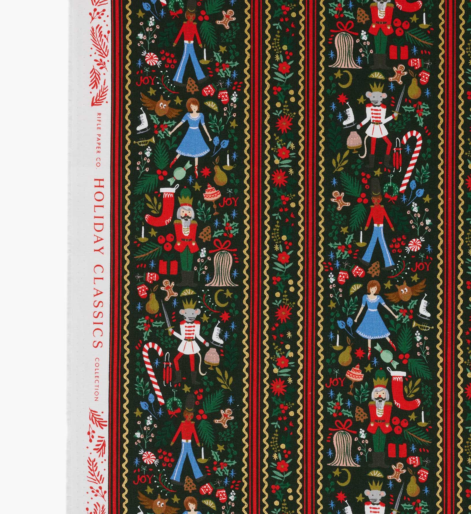 Holly Jolly Nutcracker Canvas Metallic Fabric -  Evergreen and Gold