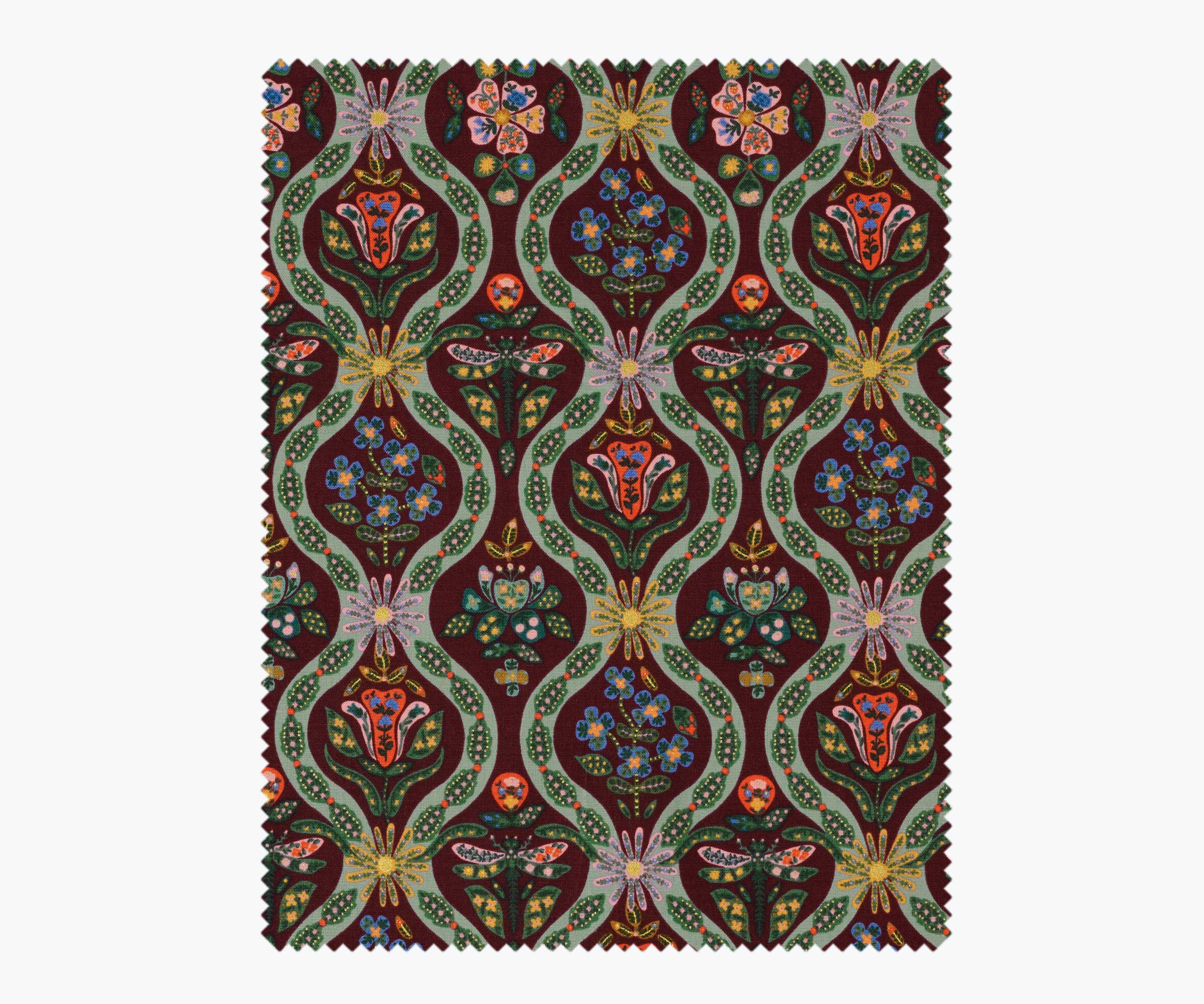 Posy Cotton Metallic Fabric - Burgundy