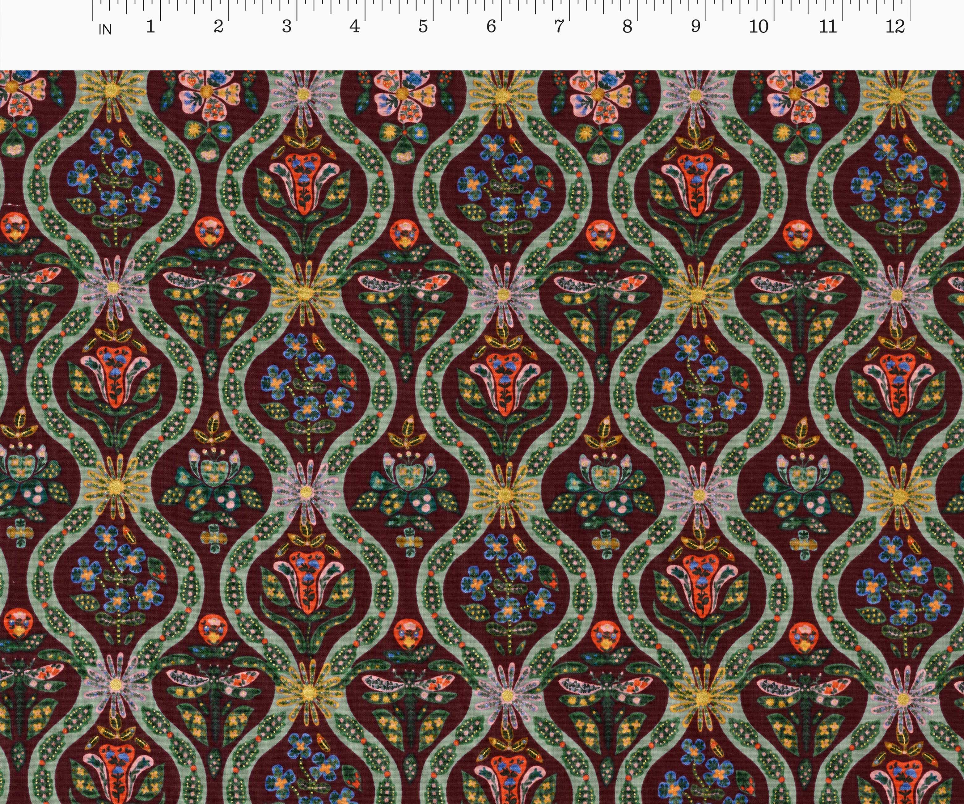 Posy Cotton Metallic Fabric - Burgundy