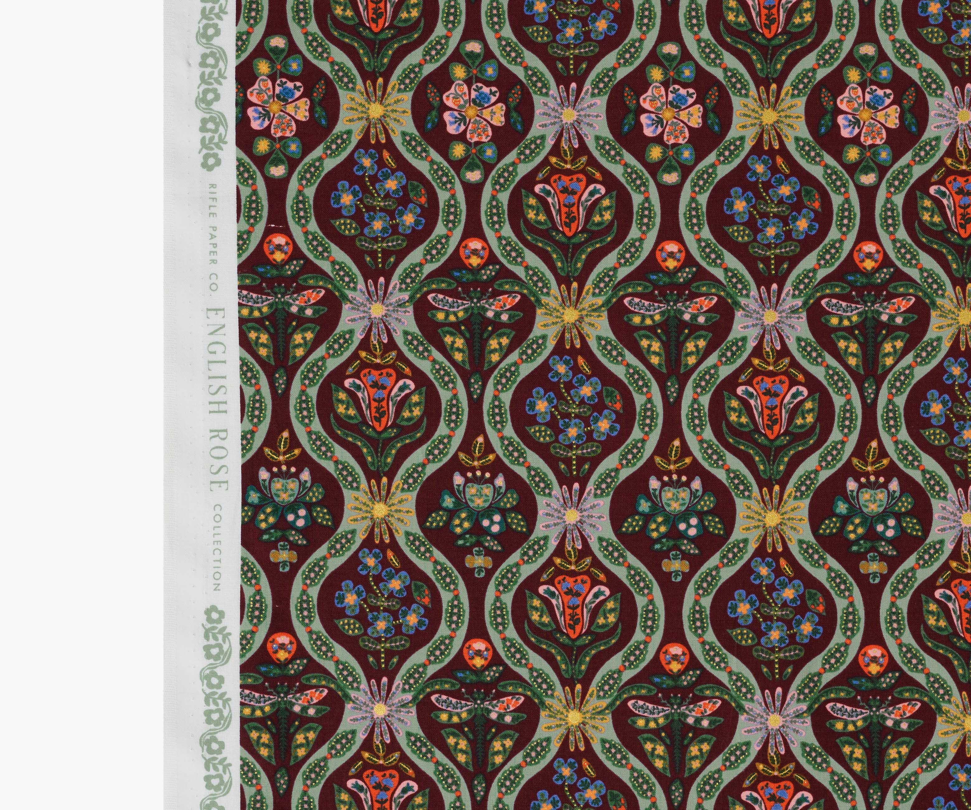Posy Cotton Metallic Fabric - Burgundy