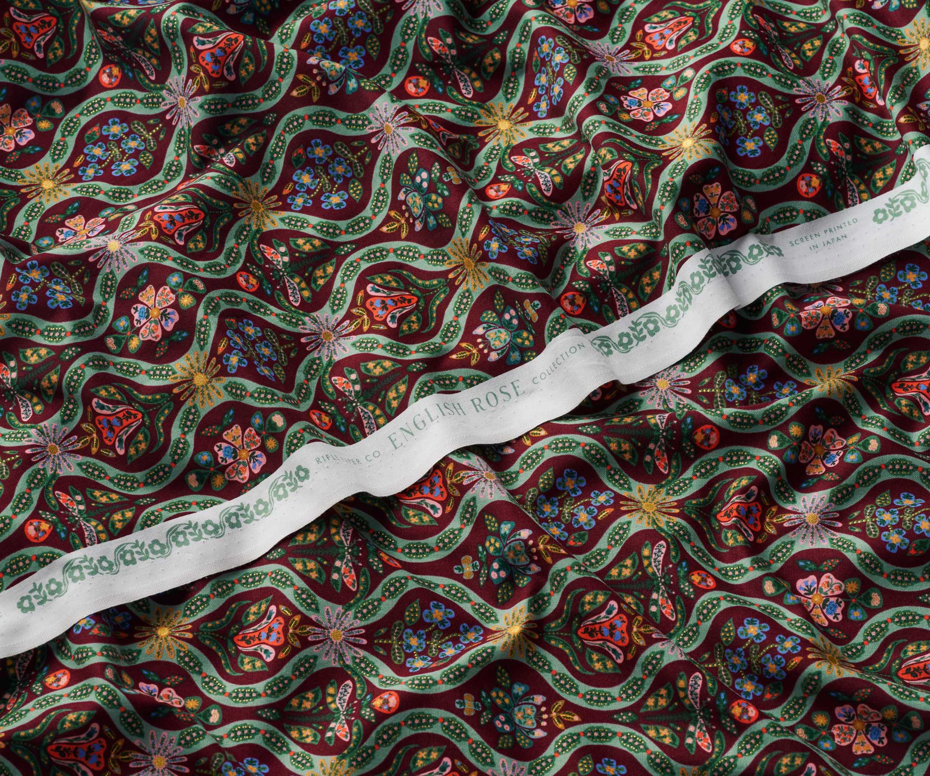 Posy Cotton Metallic Fabric - Burgundy