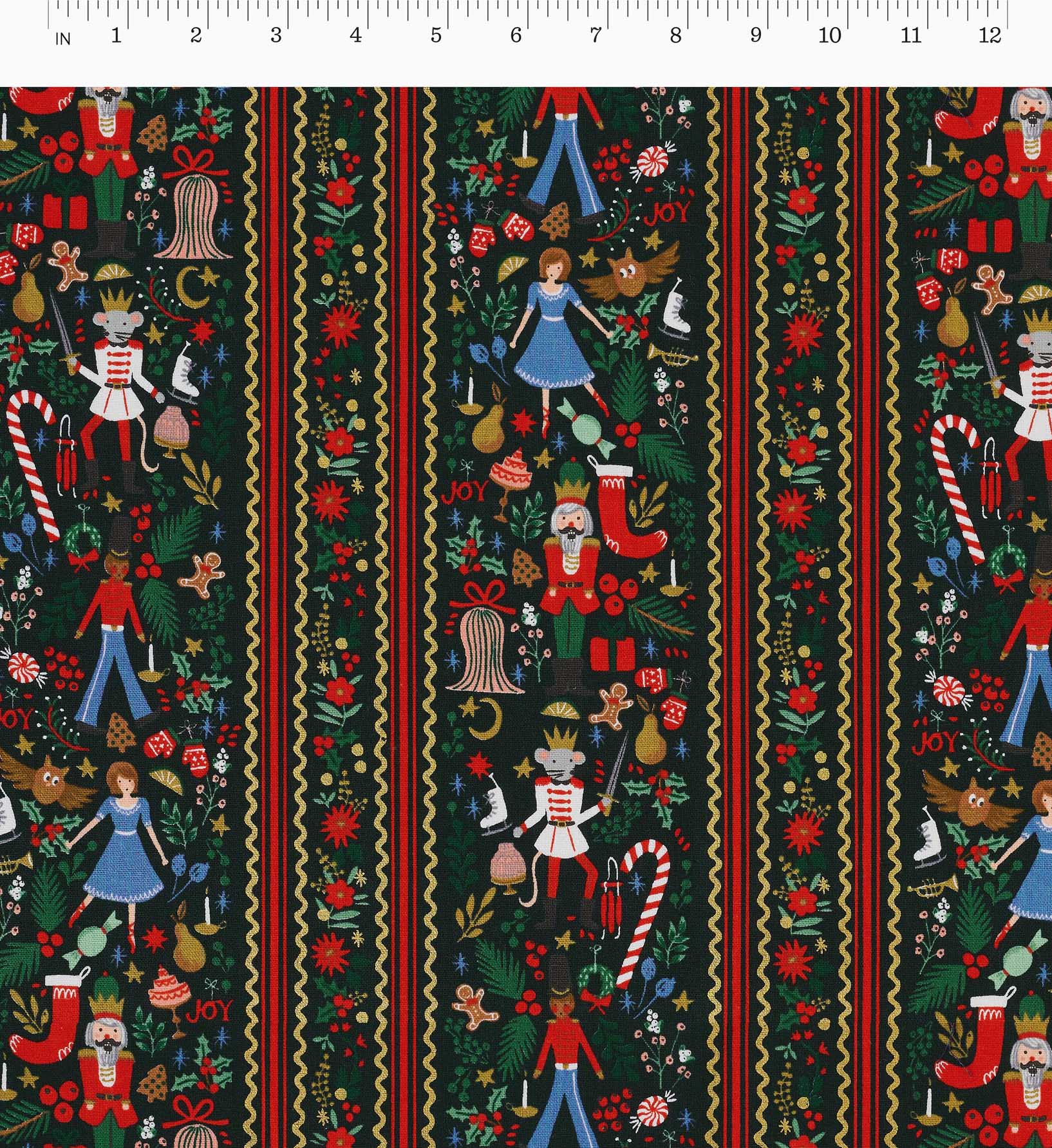 Holly Jolly Nutcracker Cotton Metallic Fabric - Evergreen and Gold