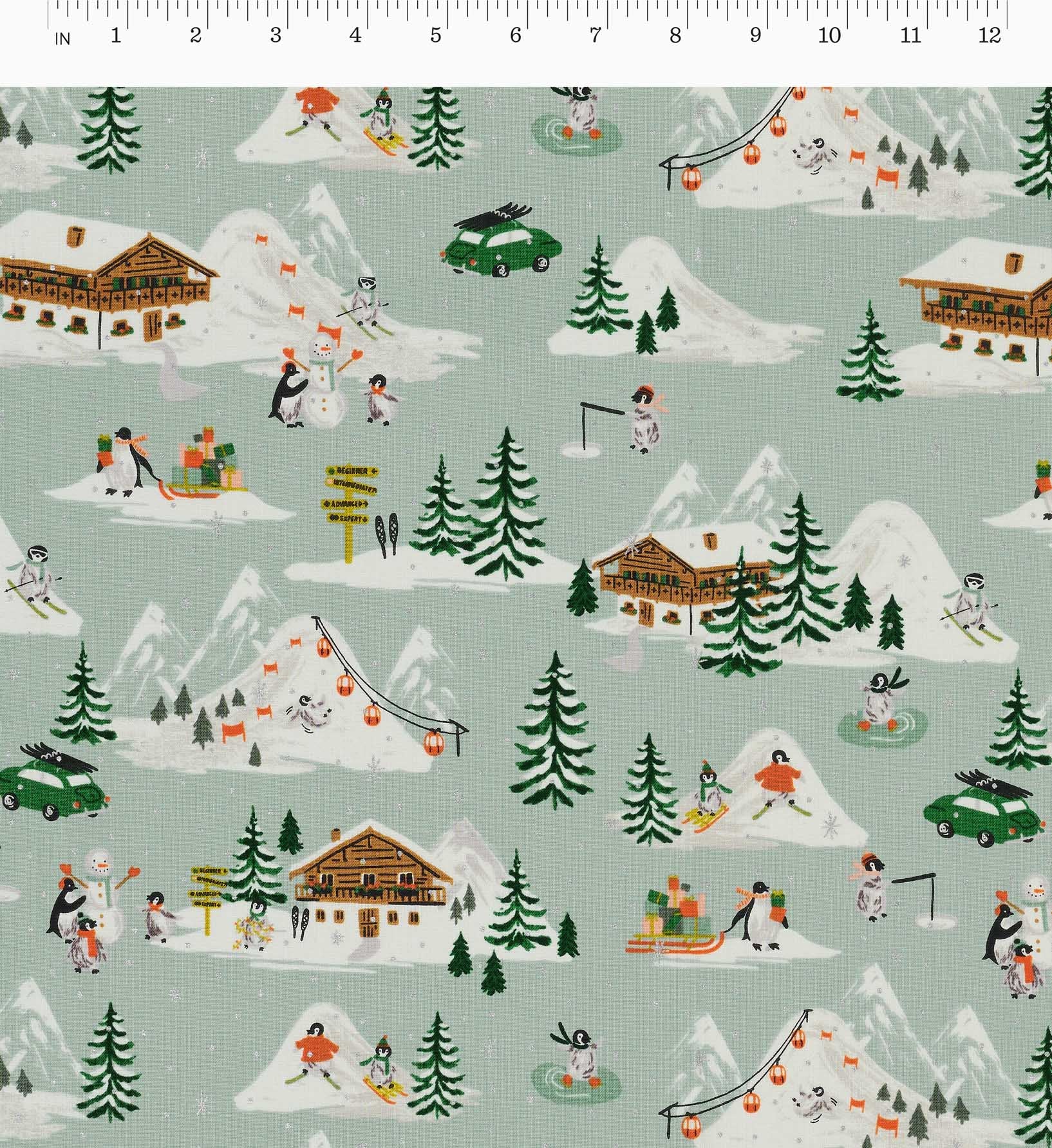 Penguin Village Cotton Metallic Fabric - Mint and Gold