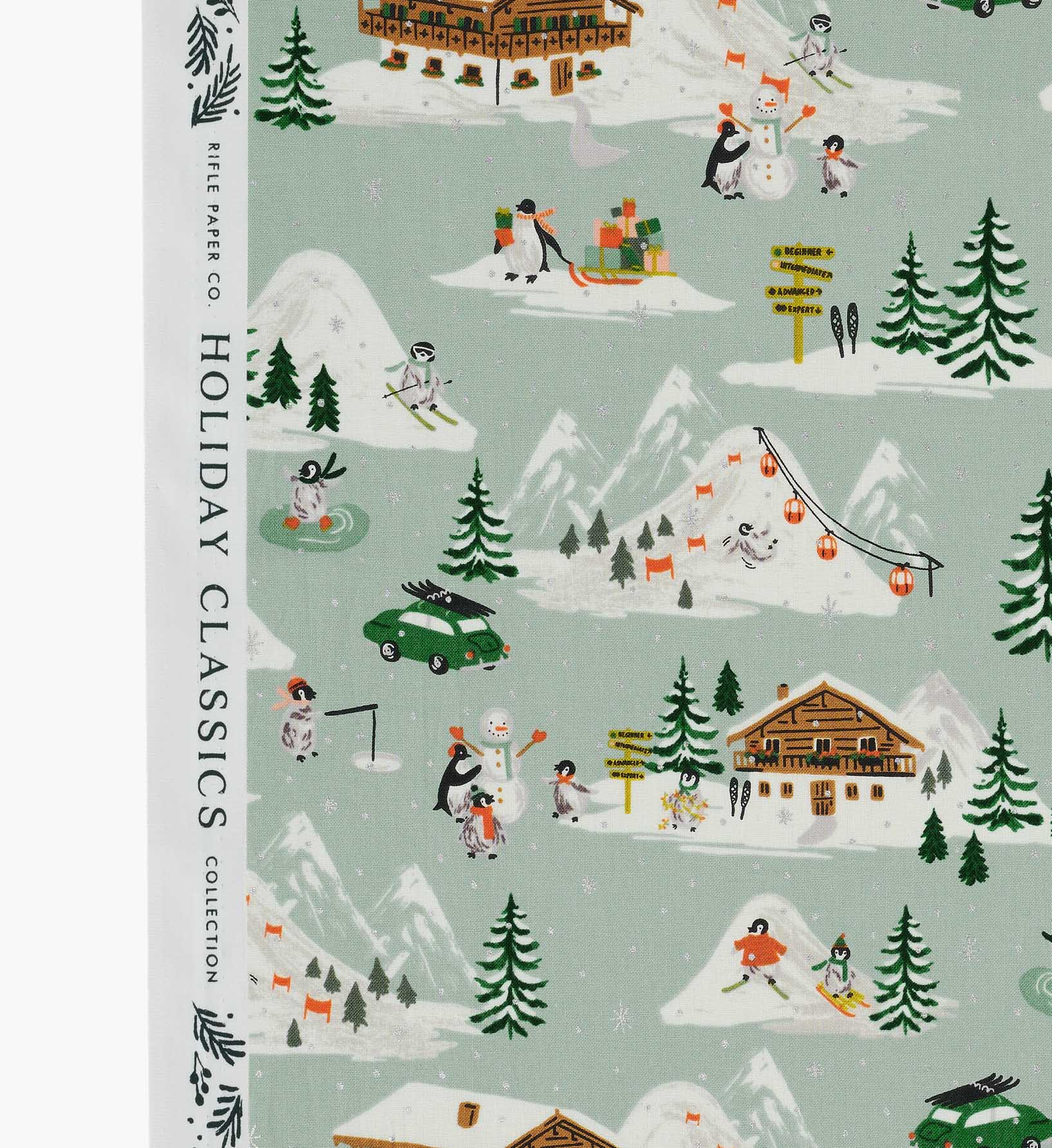 Penguin Village Cotton Metallic Fabric - Mint and Gold