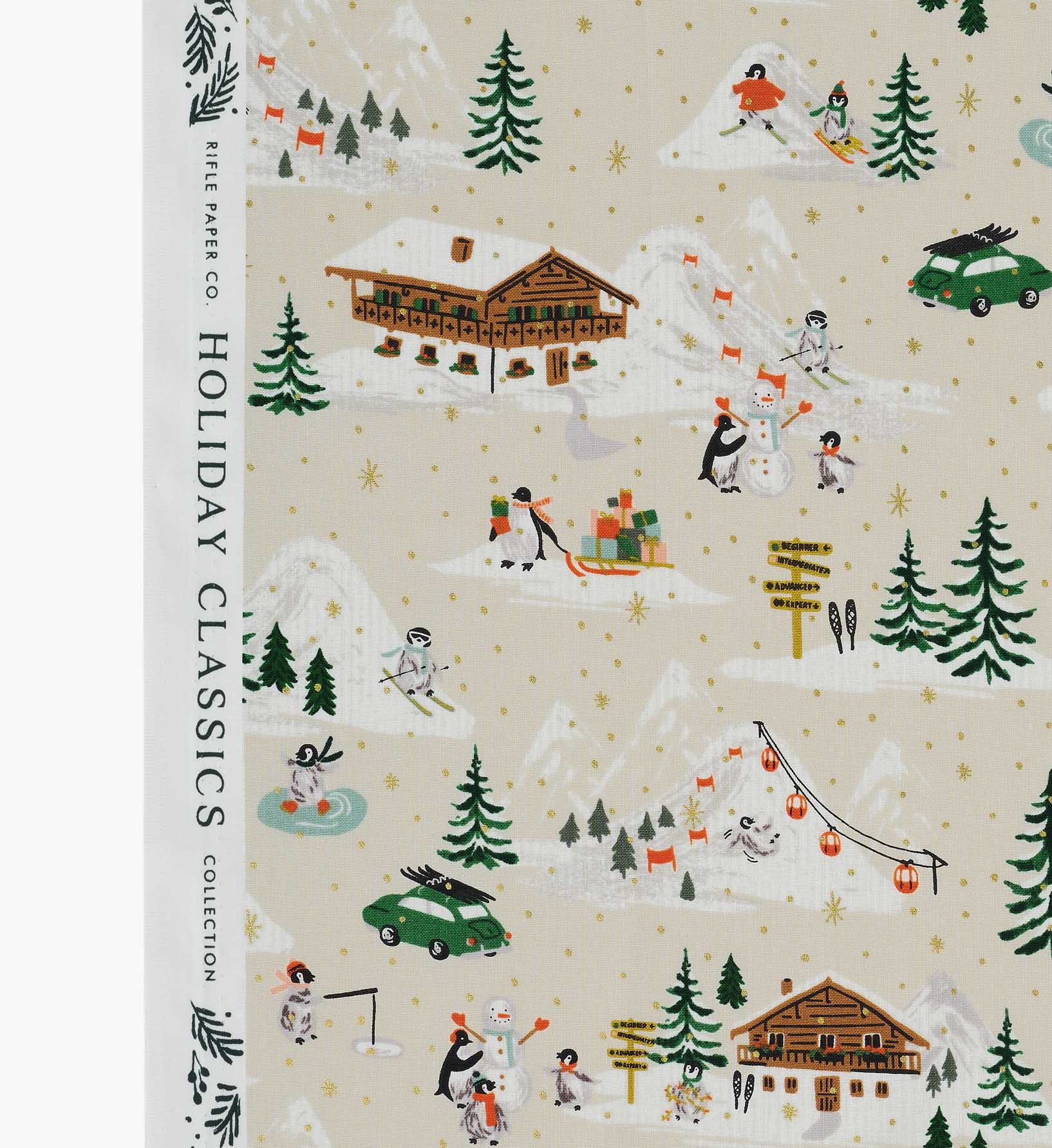 Penguin Village Cotton Metallic Fabric -  Cream and Gold