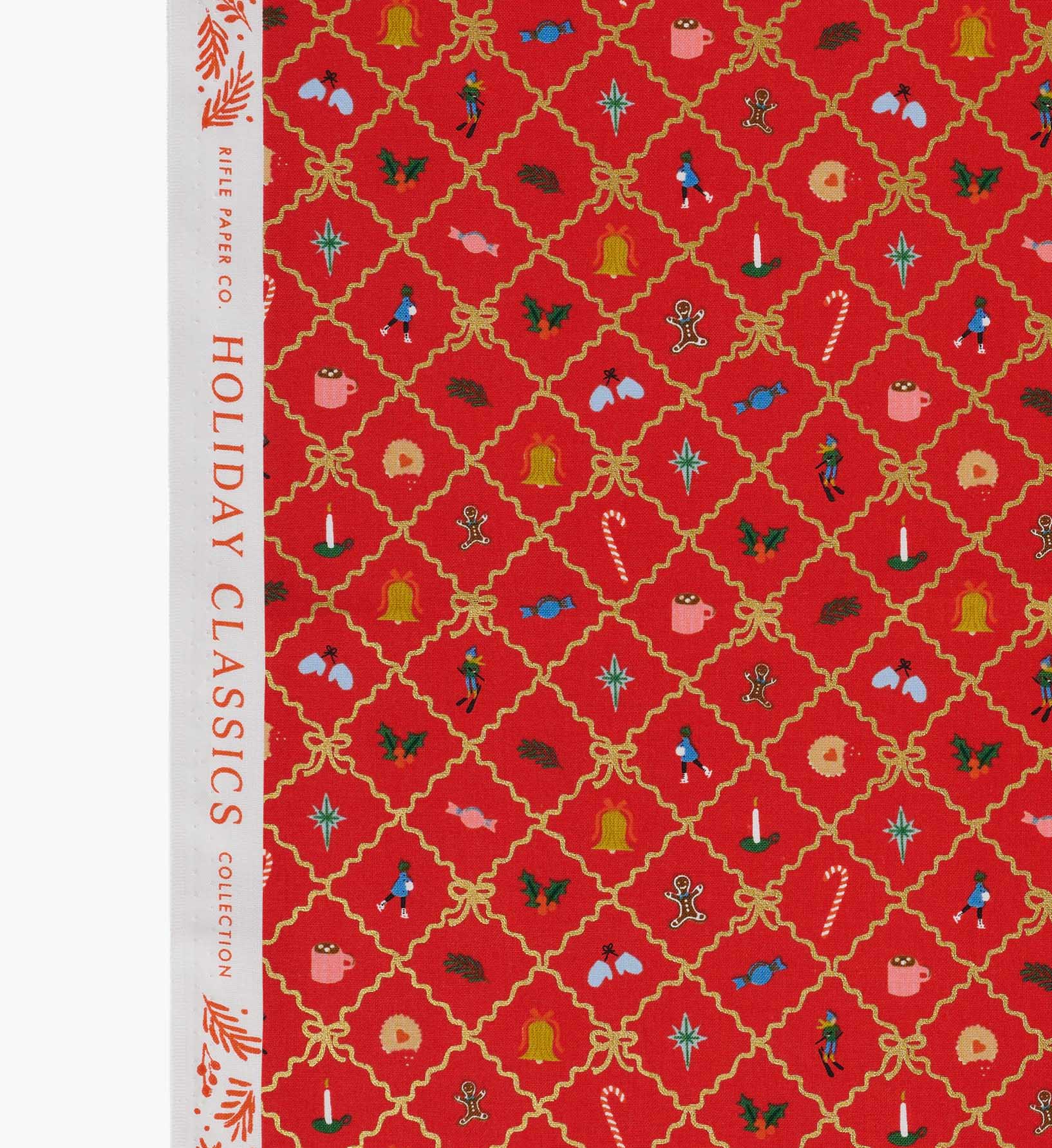 Holiday Argyle Cotton Metallic Fabric - Red and Gold