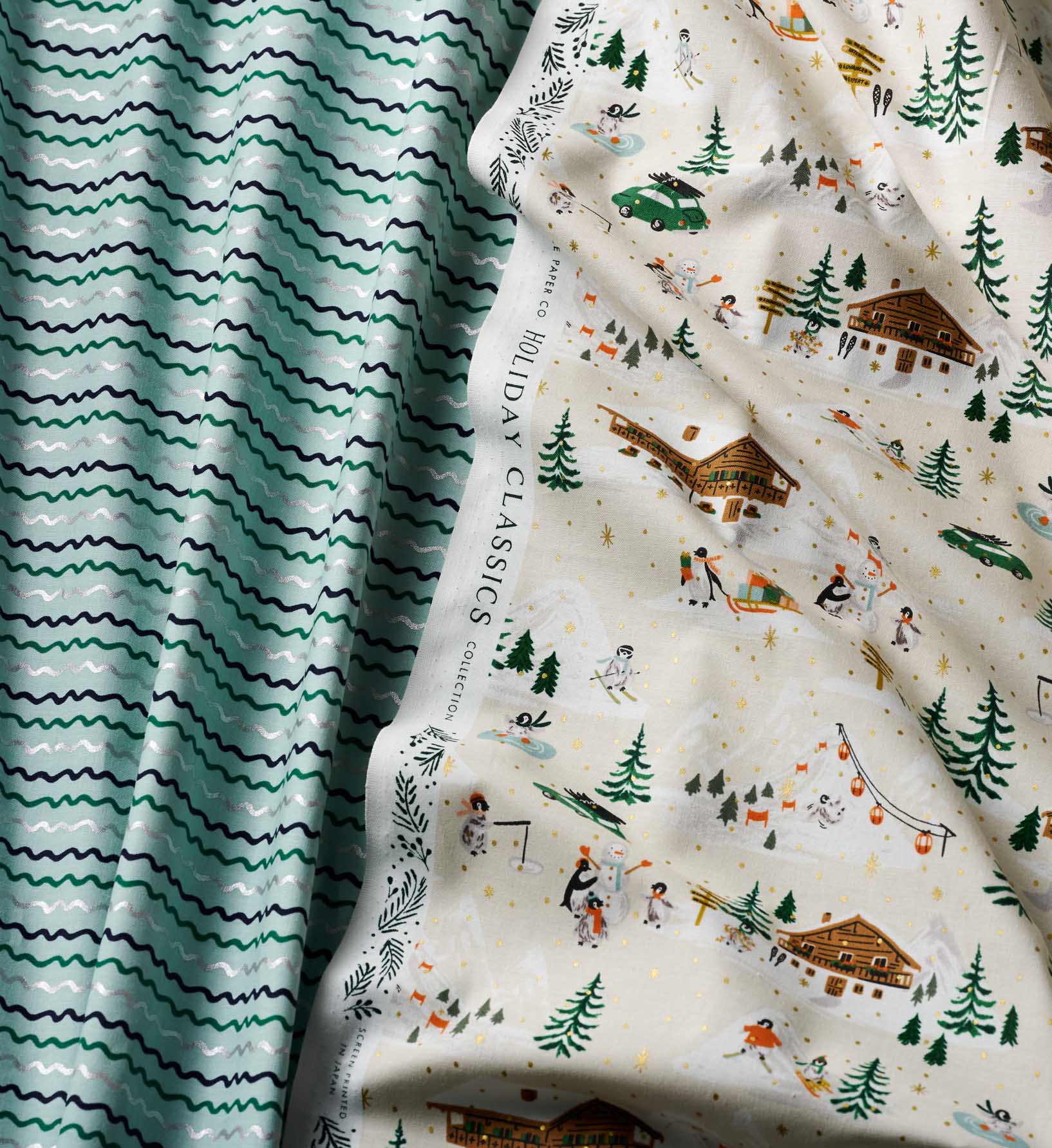 Penguin Village Cotton Metallic Fabric -  Cream and Gold