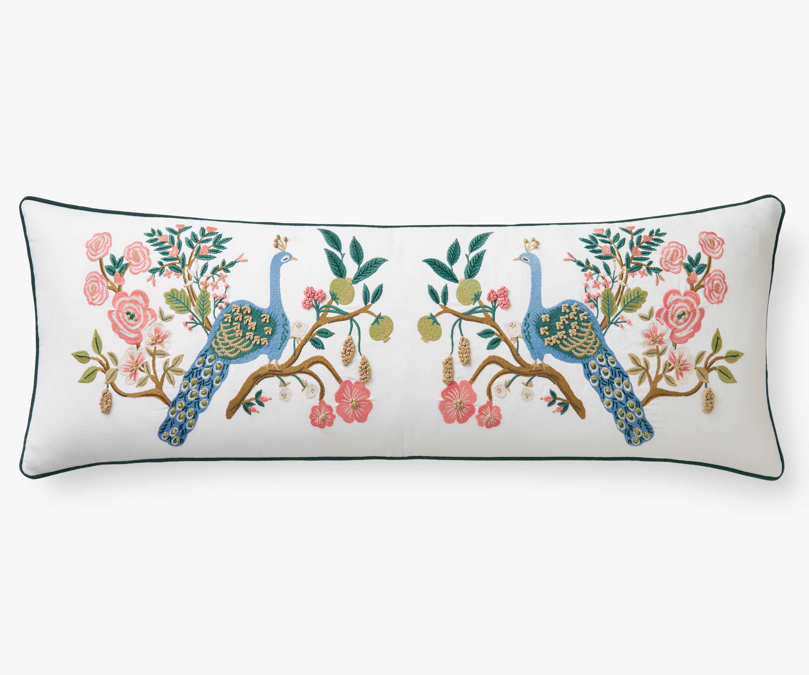 Embroidered Lumbar Pillow Cover - Peacock White