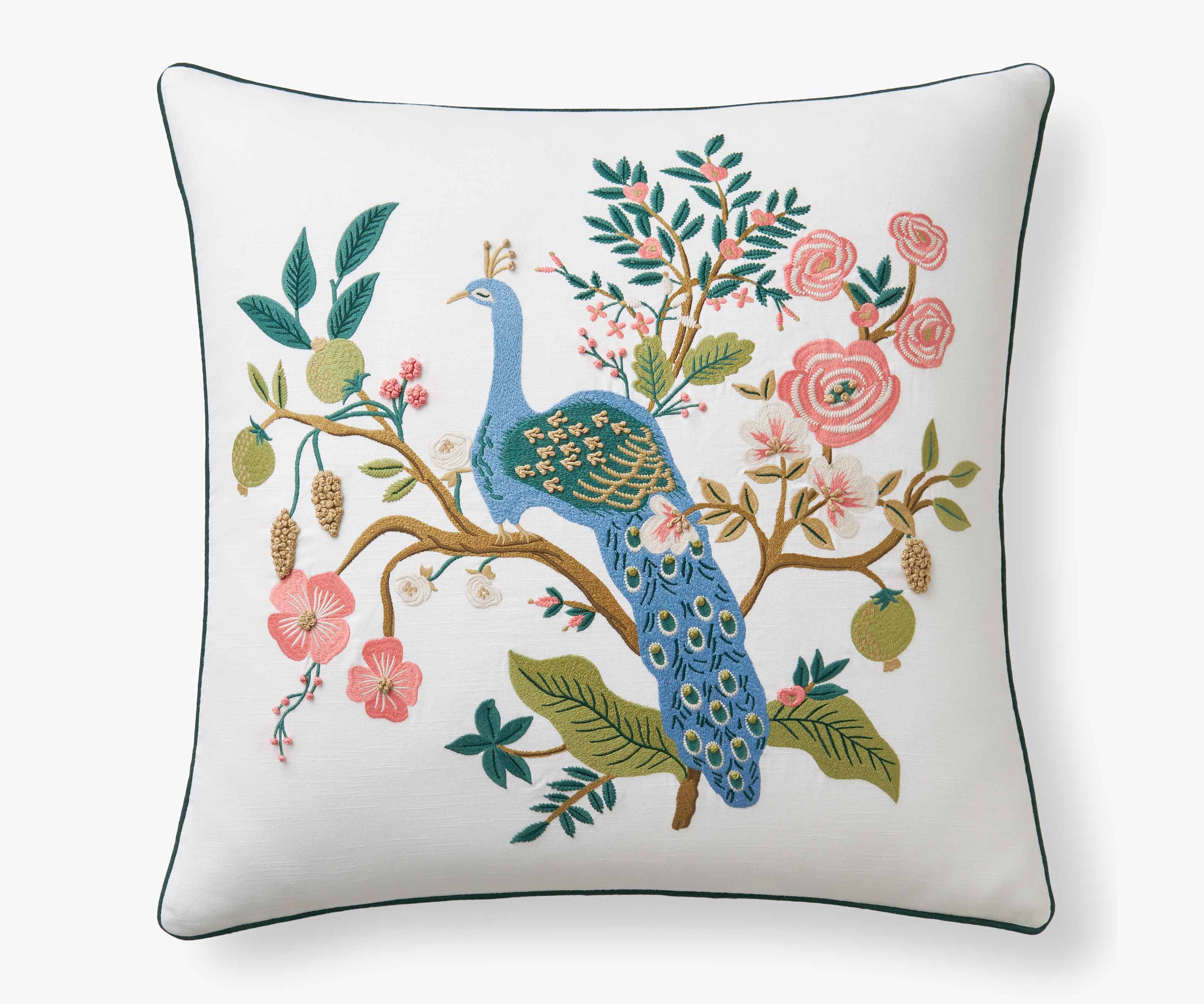 Embroidered Pillow Cover - Peacock White