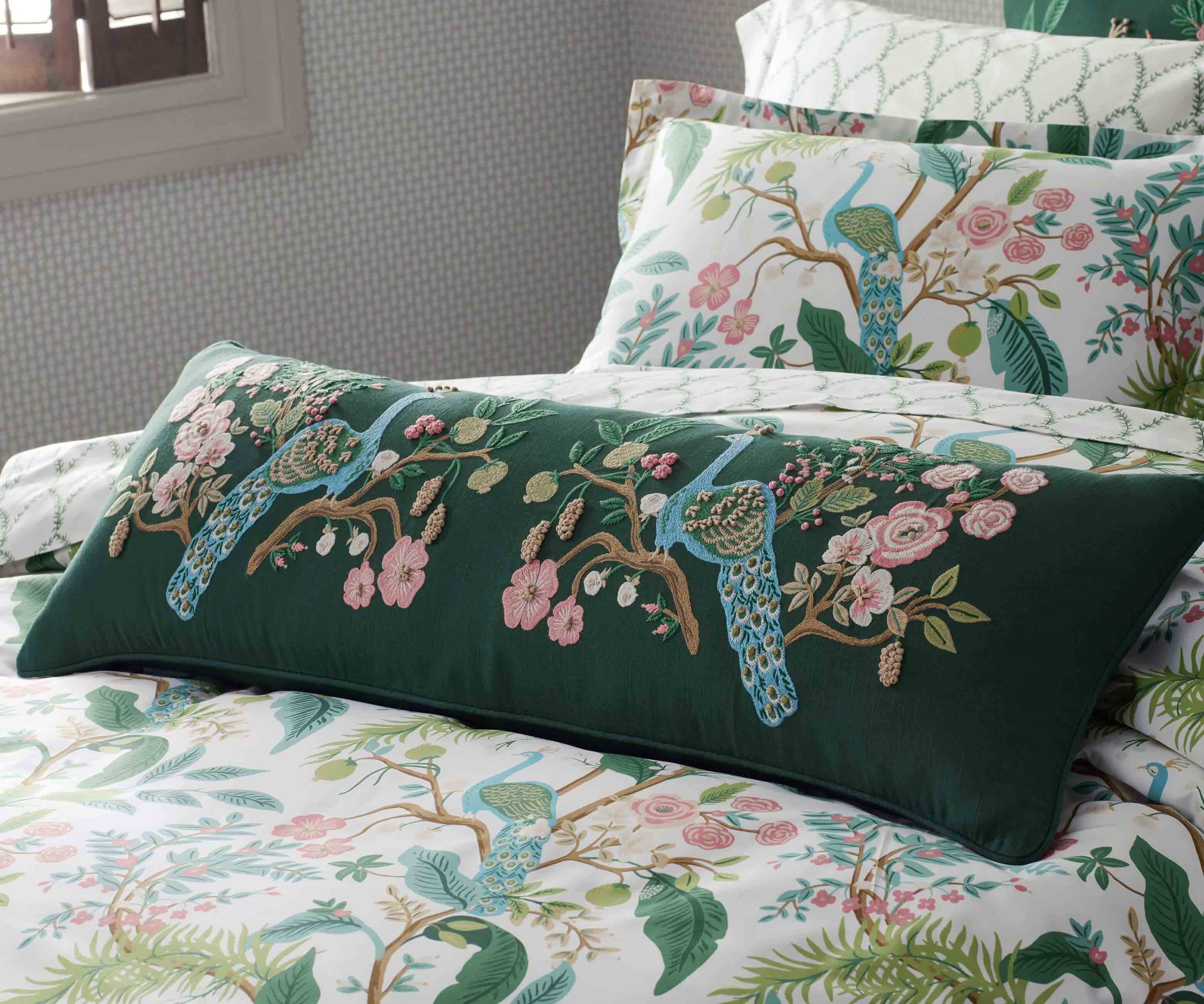 Embroidered Lumbar Pillow Cover - Peacock Emerald