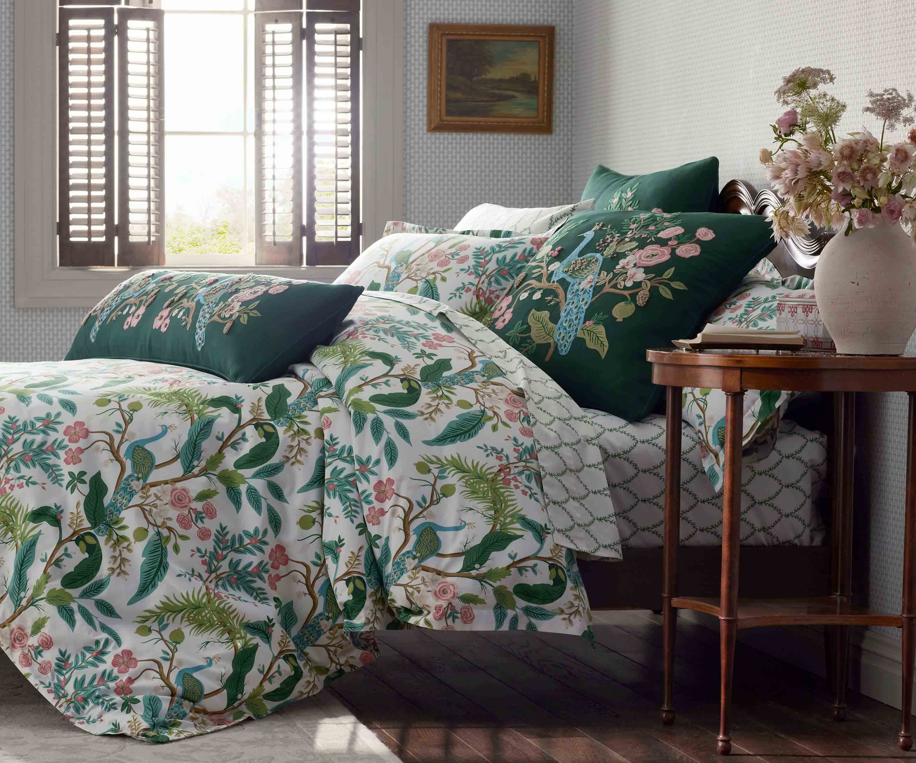 Embroidered Lumbar Pillow Cover - Peacock Emerald