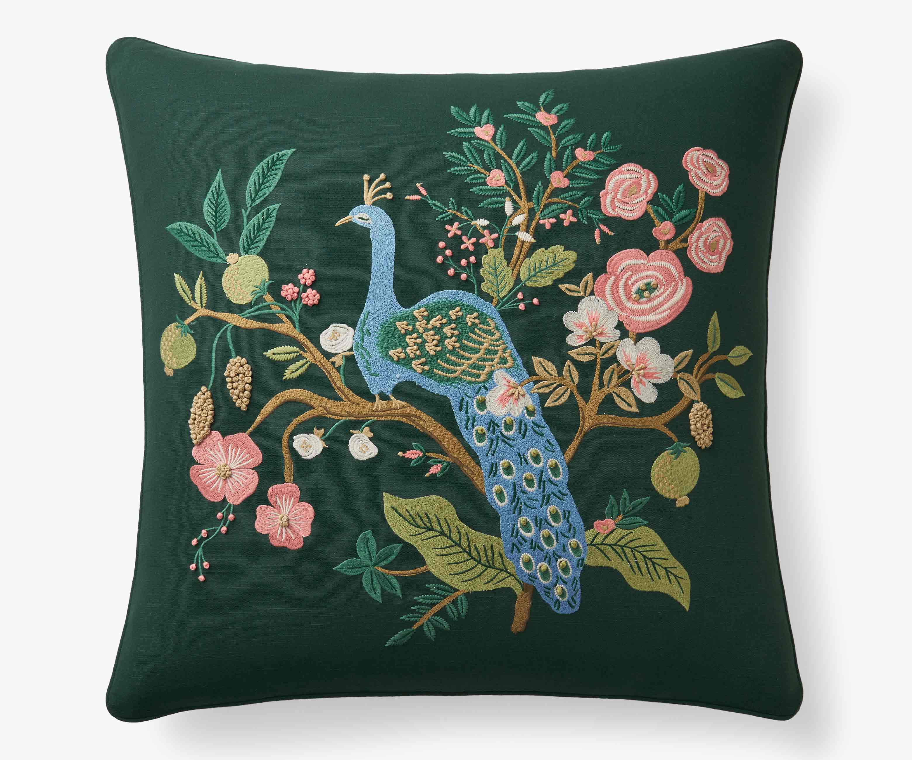 Embroidered Pillow Cover - Peacock Emerald