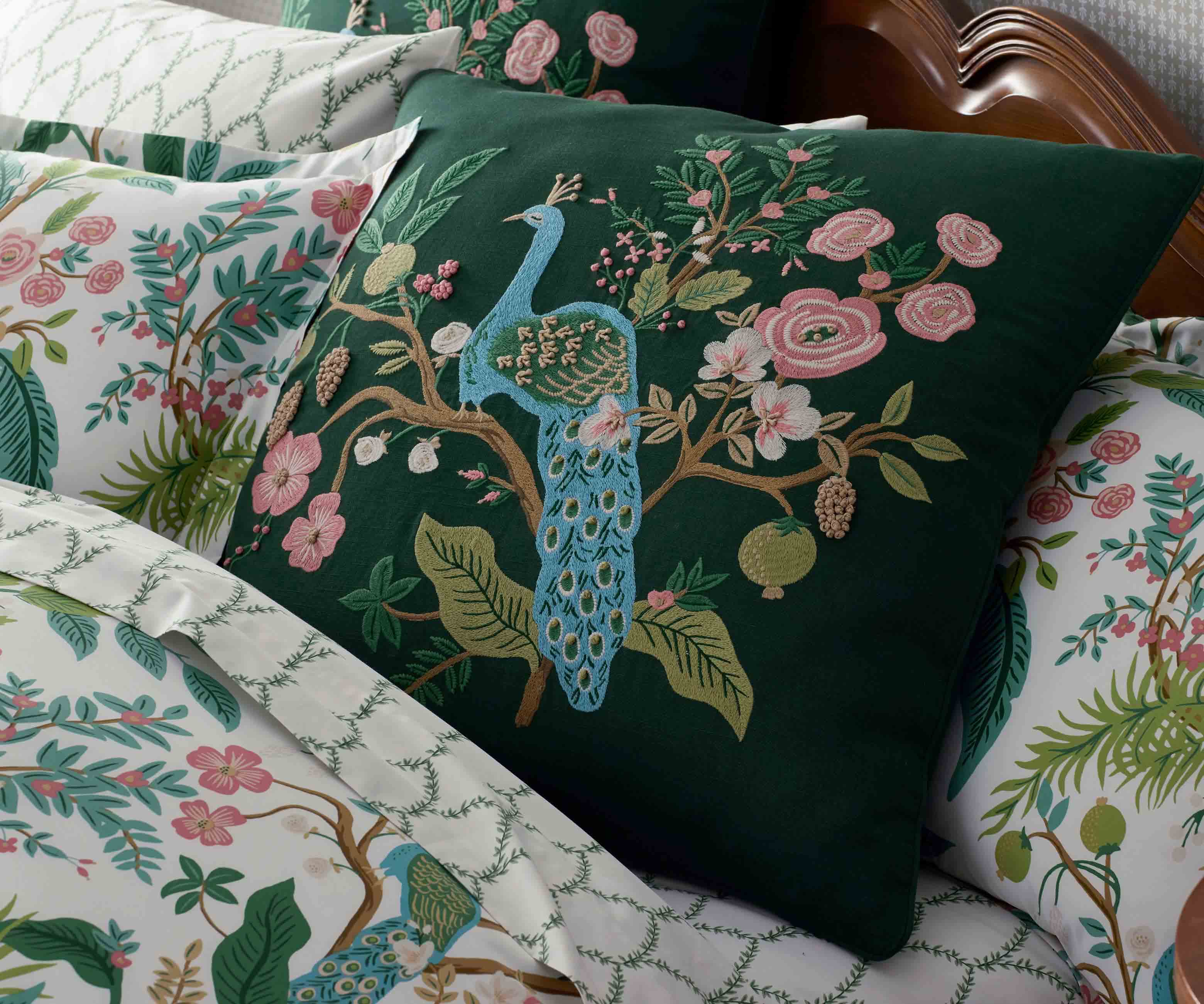 Embroidered Pillow Cover - Peacock Emerald