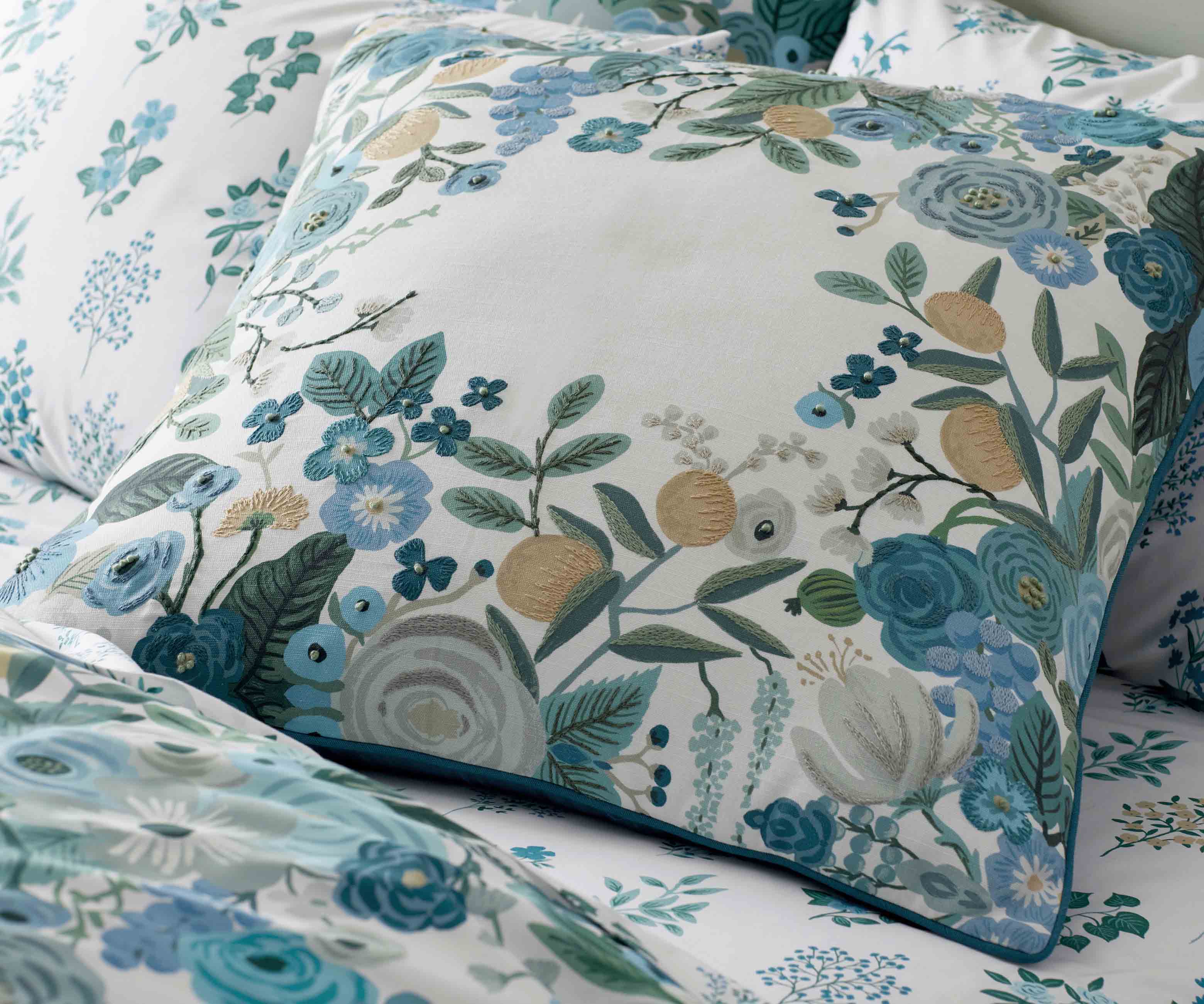 Embroidered Pillow Cover - Garden Party Blue