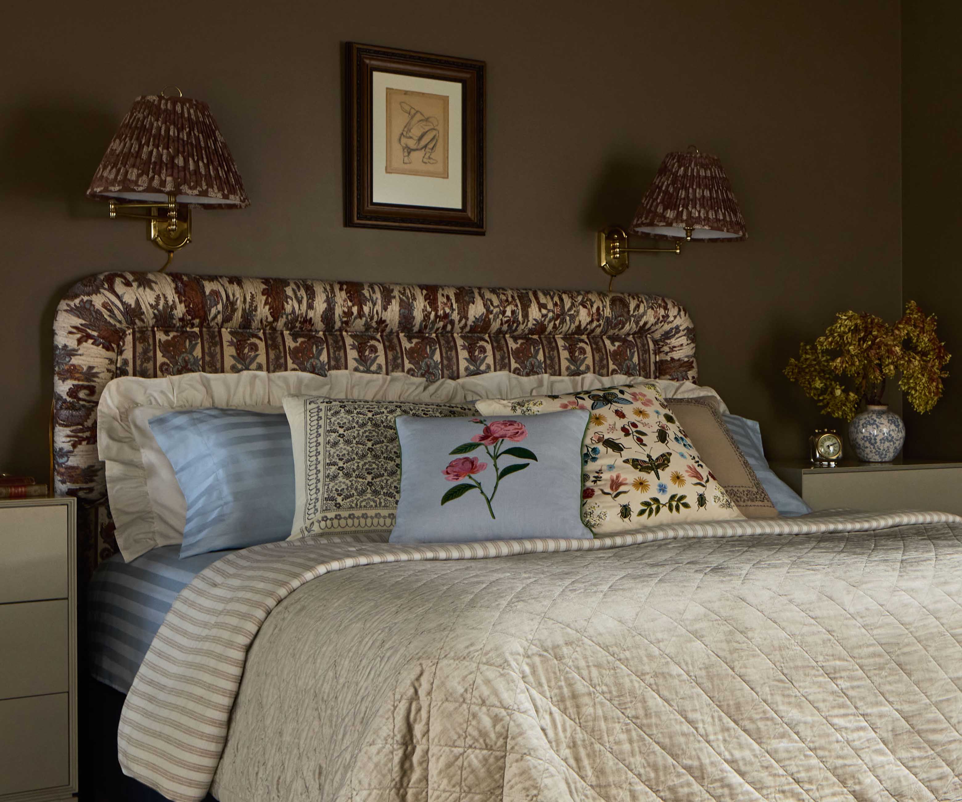 Garden Rose Embroidered Pillow - Blue