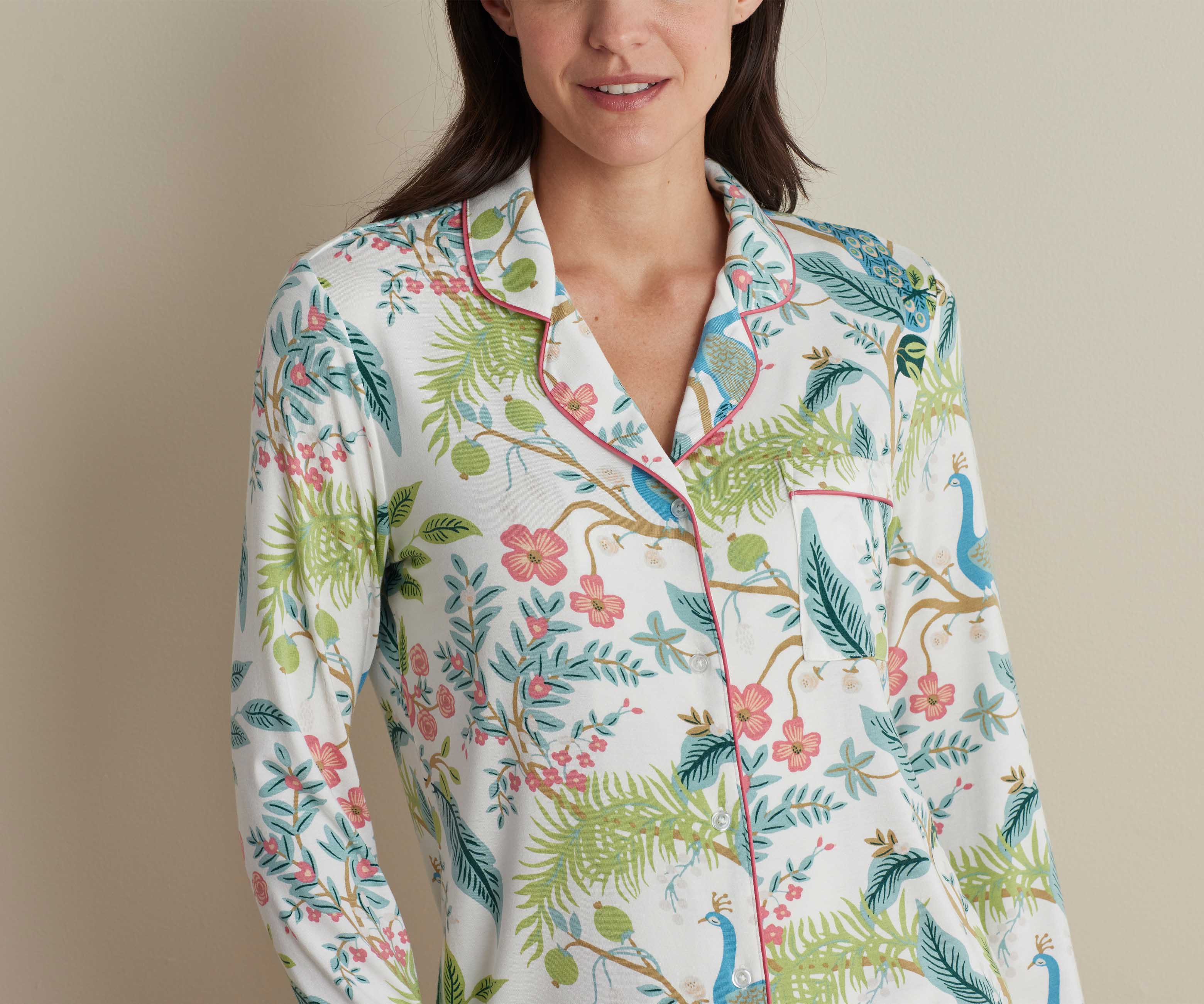 Tencel Modal Button Front Long Set - Peacock Ivory