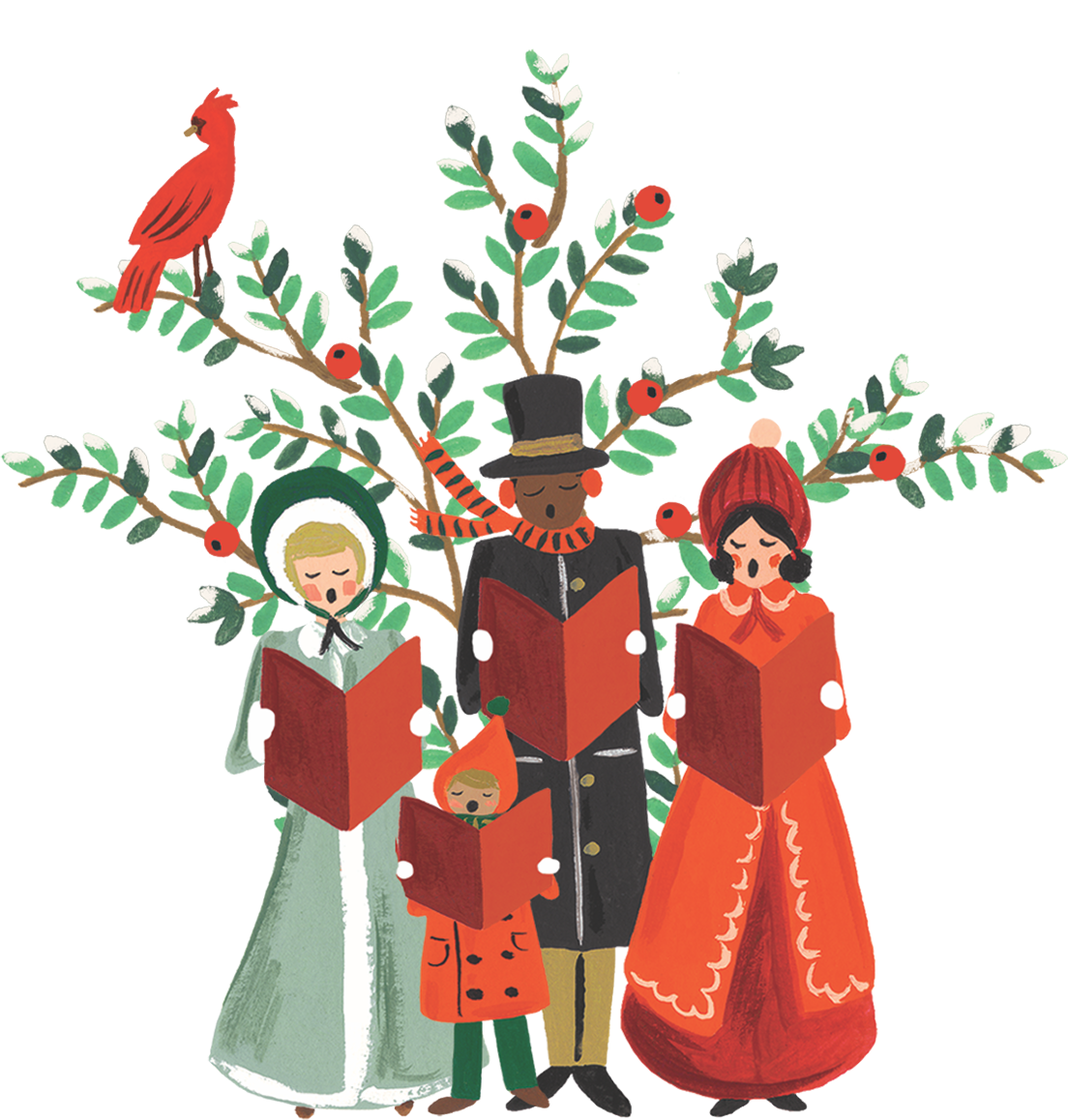 Christmas carolers singing around a tree